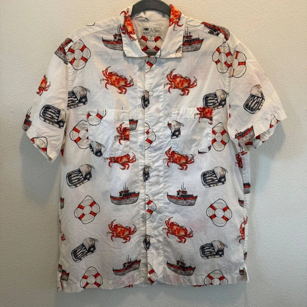 J.‎ Crew VTG Retro Crabs Boats Fish Beach Sailing Button-Up Shirt Size M Coastal